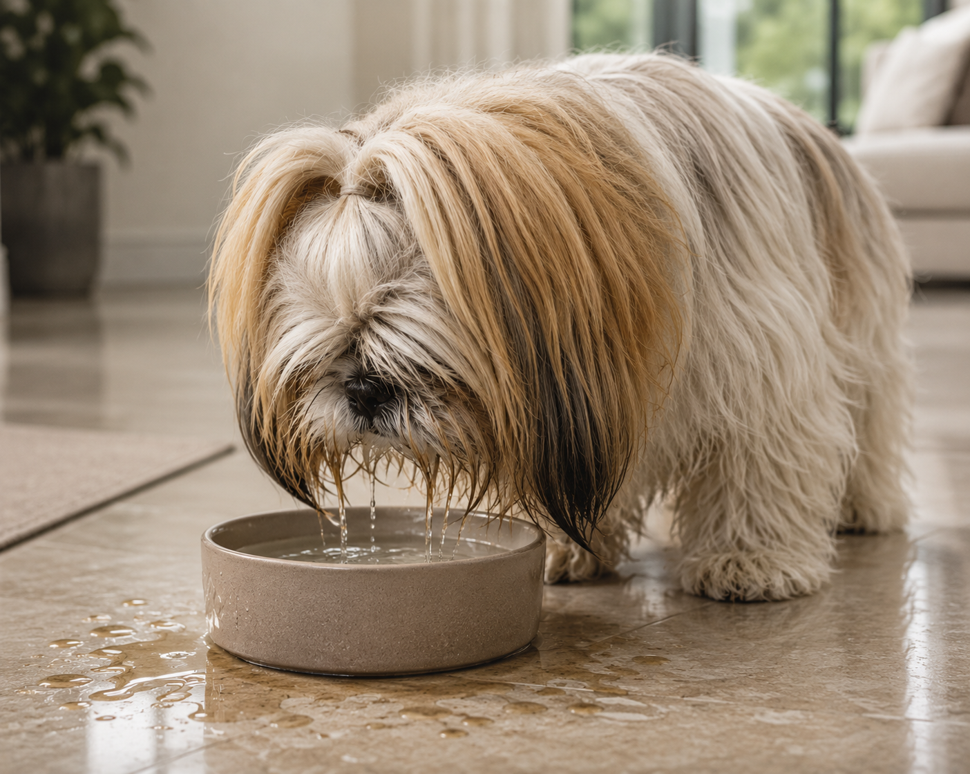 Dog drinking from regular bowl - fur gets wet
