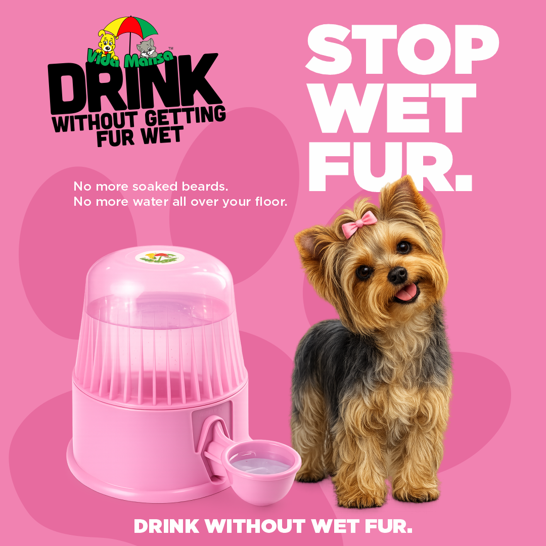 Pink Vida Mansa water dispenser beside a Yorkshire terrier, with the message stop wet fur and no more soaked beards or wet floors.