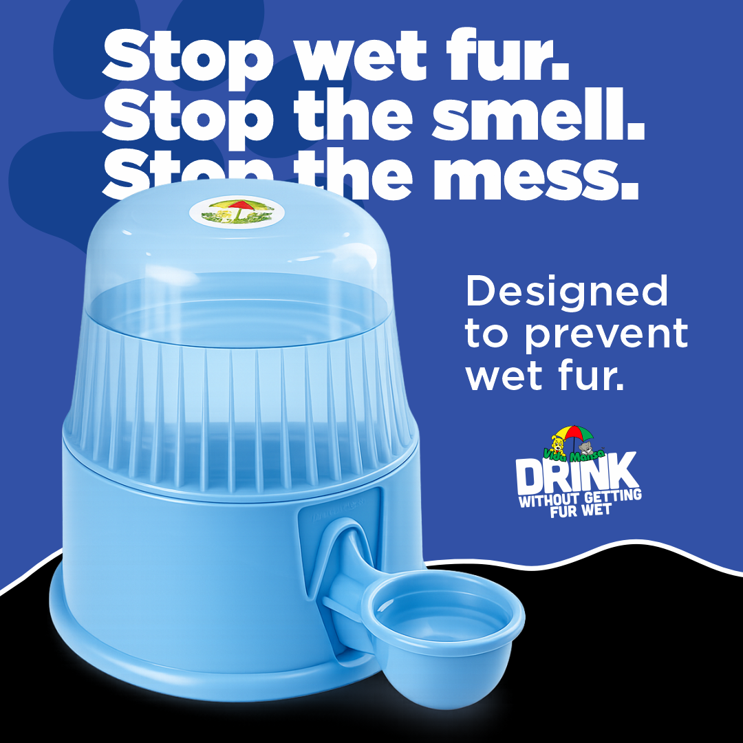 Blue Vida Mansa water dispenser with the message stop wet fur, stop the smell, and stop the mess.